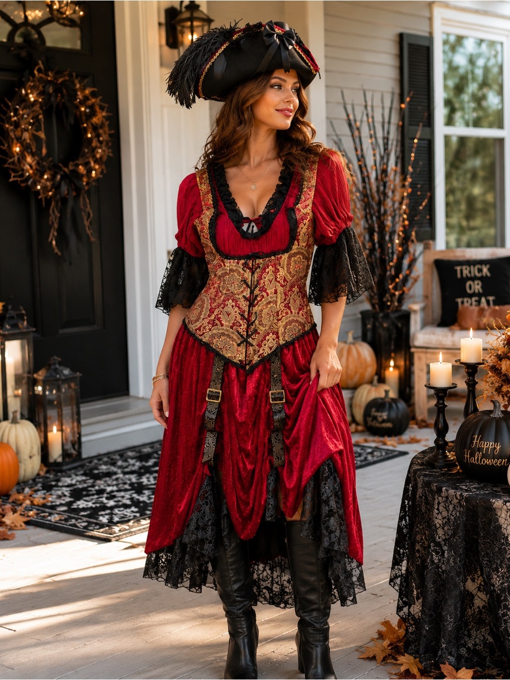 Women’s Red Velvet Pirate Costume Dress with Brocade Corset includes the Hat.